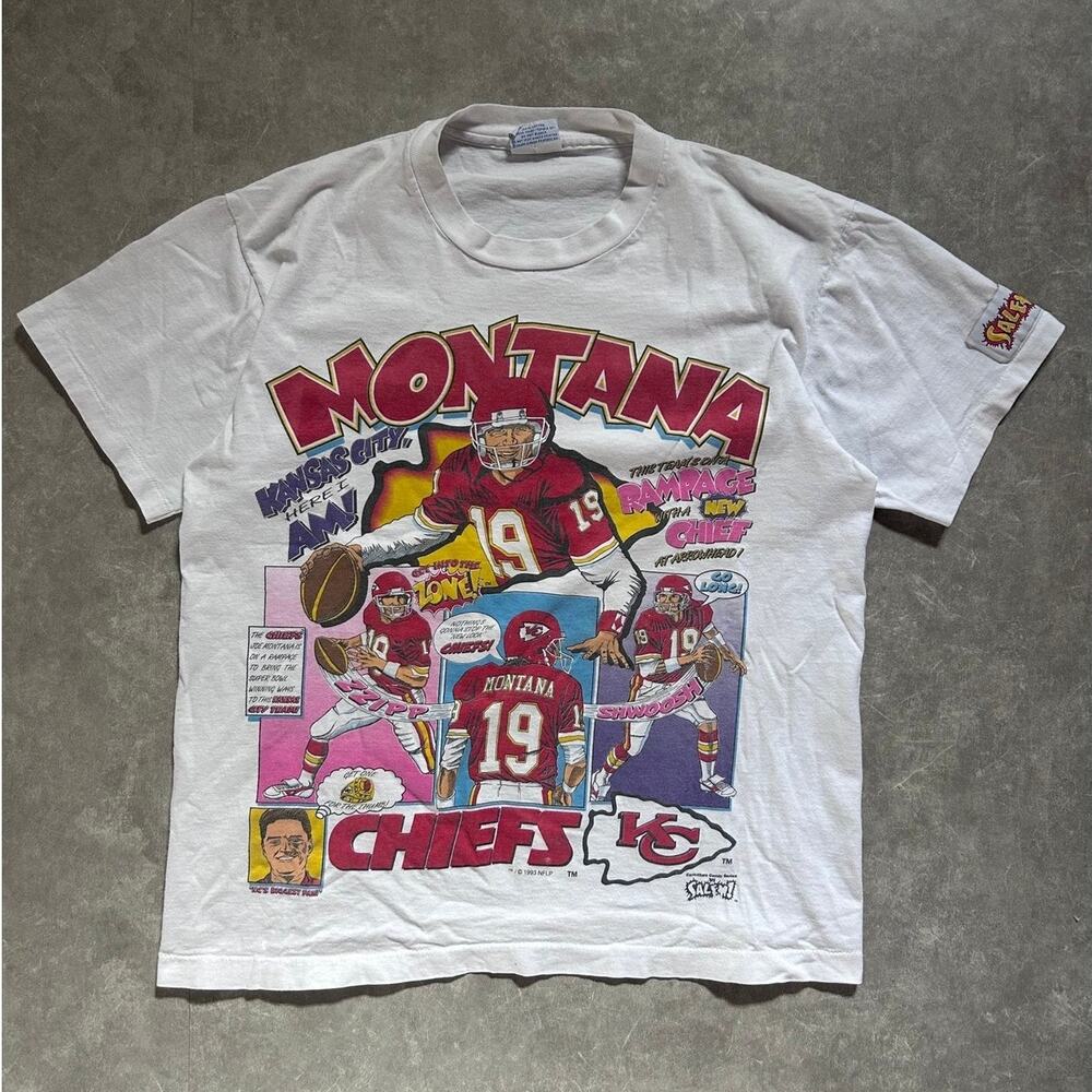 90s Vintage Kansas City Chiefs Joe Montana Salem Sportswear White T Shirt Size L